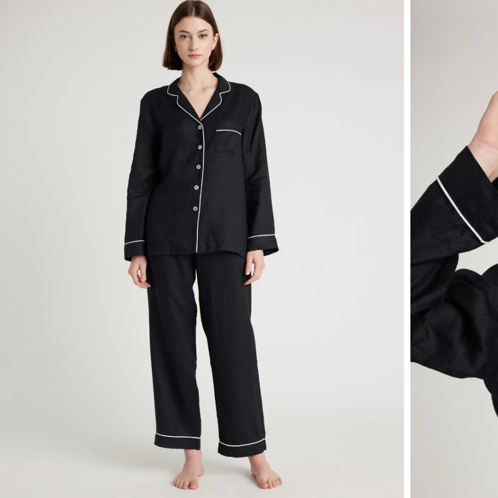 Quince European Cotton Pajama Set with Piping Dark Navy Blue Large